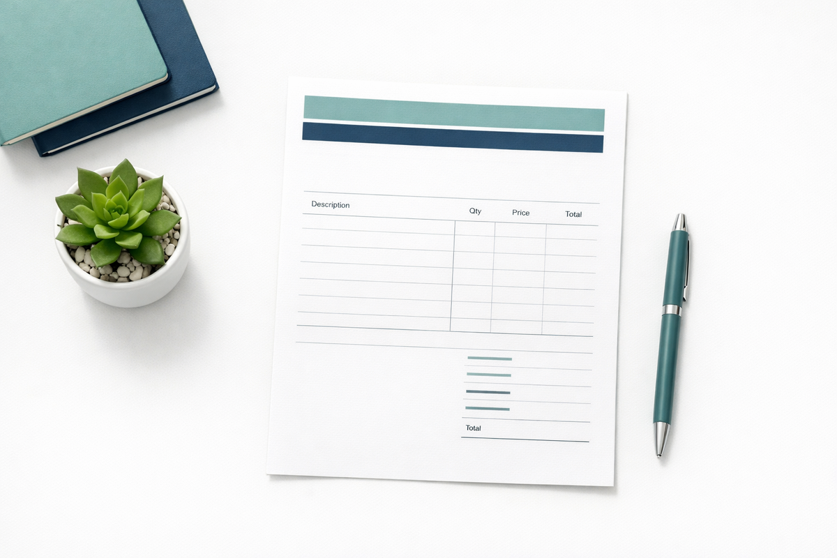 Kuvassa on työterveyshuollon lasku, kynä, muistioita ja viherkasvi. | Täsmä Työterveys