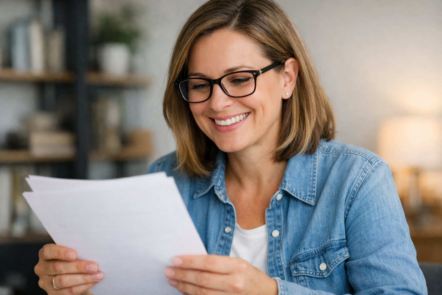 nainen katsoo kiinteähintaisen työterveyshuollon laskua iloisena ja helpottuneena